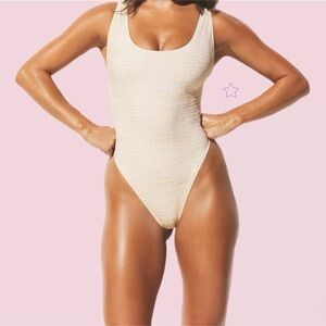 NWT Skims Signature Swim Scoop Neck One Piece - Egret Crocodile Print, XS